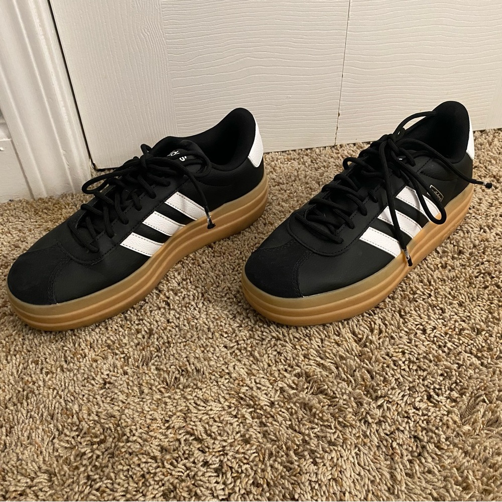Adidas Black and White Sneakers with Brown Sole